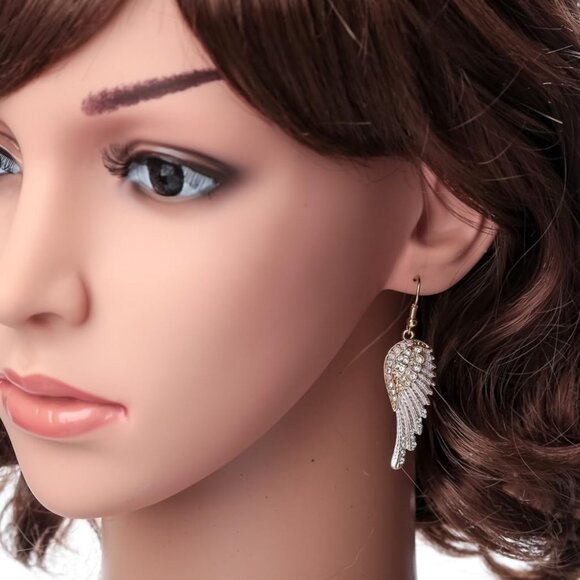 Women's Crystal Guardian Angel Wings Hypoallergenic Dangle Earrings Biker Jewelr - Picture 3 of 5